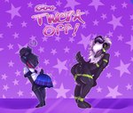 absurd_res anthro bovid butt caprine clothing demon dress duo femboy goat goat_(emack) green_markings hi_res horn male mammal markings nyx_(gotenyx) purple_background school_uniform simple_background star tail uniform vasdocor_01 writing_text