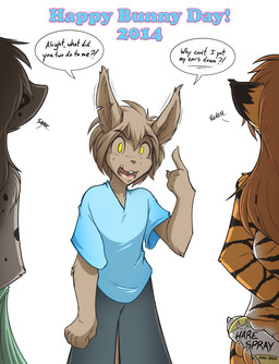 angry anthro black_spots blue_clothing blue_shirt blue_topwear bottomwear brown_body brown_fur brown_hair casual_nudity claws clothing countershading dialogue digitigrade dress exclamation_point female fur grey_body grey_fur group hair holidays humor interrobang long_hair male nude open_mouth orange_body orange_fur pants question_mark rear_view shirt simple_background spots teeth text tongue topwear white_background yellow_eyes conditional_dnp tom_fischbach easter twokinds flora_(twokinds) kathrin_vaughan keith_keiser basitin canid canine felid hybrid keidran mammal pantherine tiger 2014 colored digital_media_(artwork) english_text