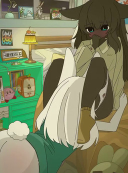 anthro anthro_on_anthro bed bent_over black_body black_fur blue_eyes blush body_blush bottomless butt butt_blush clothed clothing clothing_around_one_leg cunnilingus detailed_background duo female female/female flexible footwear fur furniture hair inside legs_behind_head legs_up on_bed oral panties panties_around_one_leg panties_down partially_clothed pose rabbit_ears sex shirt shirt_only socks tail topwear topwear_only underwear underwear_around_one_leg underwear_down uwu vaginal white_body white_fur white_hair y_shaped_butt_crack doremifaso64 kirby_(series) looney_tunes nintendo warner_brothers bugs_bunny kirby lagomorph mammal 2025 animated colored detailed digital_media_(artwork) loop no_sound shaded short_playtime video