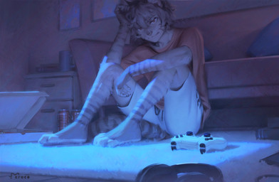 4_toes 5_fingers anthro biped bottomwear brown_body brown_fur brown_hair brown_stripes brown_tail claws clothed clothed_anthro clothed_male clothing feet finger_claws fingers front_view fully_clothed fully_clothed_anthro fully_clothed_male fur furniture hair inner_ear_fluff inside looking_at_viewer male markings pants pillow red_eyes shirt sitting sofa solo striped_body striped_fur striped_markings striped_tail stripes t-shirt tail tail_markings toe_claws toes topwear tuft eruca jeremy_maslin domestic_cat felid feline felis mammal 2026 digital_drawing_(artwork) digital_media_(artwork) hi_res