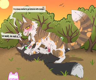 age_difference animal_genitalia animal_penis black_body black_fur claws clitoral_hood clitoris cowgirl_position dialogue dipstick_tail duo evening feline_genitalia feline_penis female feral from_front_position fur genitals green_body green_eyes green_pawpads green_skin logo lying lying_on_ground male male/female markings missionary_position multicolored_body multicolored_fur on_back on_bottom on_ground on_top outside pawpads penetration penile_spines penis pinned pinned_to_ground pinning_down plant questionable_consent sex shrub speech_bubble striped_body striped_fur striped_markings stripes tail tail_markings text white_tail_tip yellow_eyes young young_feral young_penetrating young_penetrating_older whitefroggim warriors_(book_series) leafstar_(warriors) starlingpaw_(warriors) domestic_cat felid feline felis mammal tabby_cat tuxedo_cat artist_logo artist_name hi_res