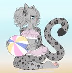 anthro ball bangs beach_ball black_spots blue_eyes butt clothing curly_hair female fingers fur grey_body grey_fur grey_spots hair inflatable long_tail pawpads pink_clothing pink_nose pink_pawpads pink_swimwear solo spots swimwear tail katibara lily_(sakuradlyall) felid mammal pantherine snow_leopard digital_media_(artwork) hi_res