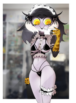 anthro clothing electronics female lingerie lipstick maid_headdress makeup mirror mirror_selfie phone selfie solo yellow_eyes tobitobi90 odeth_poensis avian bird owl hi_res