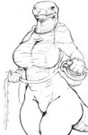 anthro big_breasts blush breasts butt clothing dominant fangs featureless_breasts female huge_breasts looking_at_viewer melee_weapon nude pupils serpentine simple_background smile solo teeth thick_thighs weapon whip breastwizard elden_ring fromsoftware zorayas manserpent reptile scalie snake digital_media_(artwork) hi_res monochrome