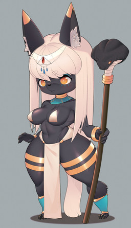 anthro big_breasts big_ears big_head biped black_body blue_eyeshadow bracelet breasts chibi circle_eyebrows clothing collar dipstick_ears ear_chain ear_markings ear_piercing egyptian egyptian_clothing eyebrows eyeshadow feet female hair holding_object holding_staff jewelry kemono long_hair makeup multicolored_ears navel orange_eyes pelvic_curtain piercing small_feet solo staff thick_thighs usekh white_hair wide_hips akashibe canid canine canis jackal mammal absurd_res digital_media_(artwork) hi_res