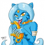 anthro blue_body blue_fur blue_hair breasts clothed clothing eyelashes female forehead_gem fur gem hair lamp licking simple_background smile solo tongue tongue_out topless white_background yellow_eyes heresy_(artist) marapets domestic_cat felid feline felis genie mammal 2014 digital_media_(artwork)