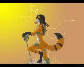 5_fingers anthro black_bars black_hair breasts clothing digitigrade dreadlocks female fingers fur green_eyes hair looking_at_viewer smile solo staff aurancreations canid canine fox mammal 2010 5:4