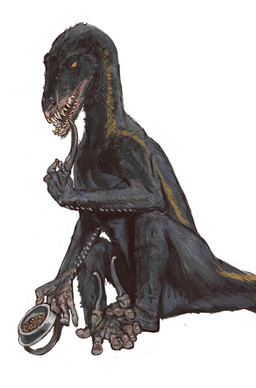 ambiguous_gender arm_feathers black_body black_feathers black_fur black_scales bowl claws container feathers feet feral fur holding_object kibble open_mouth orange_eyes pet_bowl picking_teeth prehensile_feet scales scar sharp_teeth sitting solo teeth toes yellow_body yellow_fur mossa jurassic_park jurassic_world universal_studios ape dinosaur dromaeosaurid haplorhine hybrid indoraptor mammal prehistoric_species primate reptile scalie theropod 2025 absurd_res hi_res