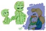 4_fingers blonde_hair bottomless clothed clothing eyes_closed eyewear eyewear_on_head fingers fist_bump gesture green_eyes hair hand_on_hip holding_object hoodie ponytail sunglasses sunglasses_on_head topwear koizumi-marichan disney ducktales ducktales_(2017) goldie_o'gilt louie_duck anatid anseriform avian bird duck 2019