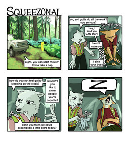 annoyed anthro black_bottomwear black_clothing black_pants blue_clothing blue_underwear bottomwear clothed clothed_anthro clothed_male clothing dialogue duo forest fully_clothed fully_clothed_anthro fully_clothed_male fur green_bottomwear green_clothing green_pants lazy looking_at_another male orange_body orange_fur pants plant pointy_ears prick_ears putting_on_gloves red_clothing red_shirt red_topwear safety_vest scoff shirt sitting sleeping snoring sound_effects speech_bubble steering_wheel stretching talking_to_another teeth text tongue topwear tree truck underwear vehicle vest vowelless vowelless_sound_effect white_body white_fur working zzz hieronymusjohnson kilo_(hieronymusjohnson) squeez_(hieronymusjohnson) canid canine canis domestic_dog fox mammal nordic_sled_dog samoyed spitz 2026 comic digital_drawing_(artwork) digital_media_(artwork) english_text hi_res