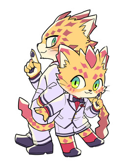 anthro blush chibi duo fur green_eyes male markings spots spotted_body spotted_fur young young_anthro ajk_inziu lifewonders tokyo_afterschool_summoners ose_(tas) felid leopard mammal pantherine 3:4