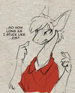 after_transformation ambiguous_gender claws clenched_teeth clothing dialogue fangs gesture hand_gesture pointing pointing_at_self red_clothing red_shirt red_topwear shirt solo species_transformation teeth text topwear transformation tf-sential out-of-placers humanoid mammal yinglet english_text monochrome sketch
