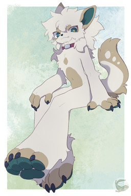 ambiguous_gender anthro black_claws blue_eyes blue_markings blue_pawpads claws collar cute_fangs fangs feet finger_claws foot_focus fur hair light_body light_fur long_legs looking_at_viewer markings one_fang pawpads sitting smile solo tan_body tan_fur tan_markings teeth toe_claws white_body white_fur white_hair mochiri mammal absurd_res hi_res