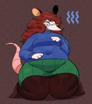 anthro belly blue_clothing blue_sweater blue_topwear blue_turtleneck bottomwear breasts clothed clothed_anthro clothed_female clothing dotted_background eyewear female female_anthro front_view glasses green_bottomwear green_clothing green_skirt hair kneeling navel_outline overweight overweight_anthro overweight_female pattern_background pink_tail rectangular_glasses simple_background skirt solo sweater tail topwear turtleneck wearing_glasses kitapult shelby_(paigedustzone) mammal murid murine rat rodent 2025 colored digital_drawing_(artwork) digital_media_(artwork) hi_res