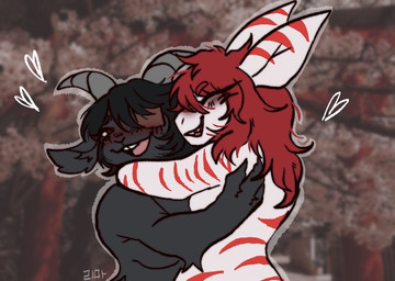 anthro arm_tuft black_body black_fur black_hair blush buckteeth duo elbow_tuft eye_patch eyelashes eyeliner eyewear female female/female fluffy fluffy_ears fur hair heart_symbol horn hug makeup markings open_mouth photo_background red_eyes red_hair sharp_teeth striped_body stripes teeth tongue tuft white_body unknown_artist bathory_black_(therealnarrowjungle) cavistrau aquatic bovid caprine fish goat mammal requiem_shark shark tiger_shark photography_(artwork)