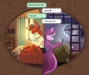 anthro bed black_bottomwear black_clothing blue_eyes bottomwear brown_bottomwear brown_clothing cellphone clothed clothing duo electronics fur furniture glistening glistening_eyes hair holding_object holding_phone inside logo male mouth_closed on_bed pawpads phone pink_nose pink_pawpads purple_body purple_fur purple_hair red_hair short_hair side_view sitting smartphone text topless under_blanket white_body white_fur yellow_eyes young young_anthro young_male pandapaco felid lagomorph leporid mammal rabbit artist_logo english_text signature