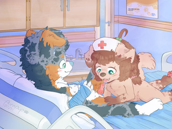 animal_genitalia animal_penis anthro bed blush blush_lines bodily_fluids canine_genitalia canine_penis cast clothing countershading doctor's_office duo fellatio female fur furniture genitals green_eyes headgear headwear hospital_bed knot knotted_penis male male/female nipples nurse_clothing nurse_headwear oral penile penis playing_doctor saliva sex sexual_exploration young young_male young_on_young auzzipup raleigh_(jeddicus7) australian_shepherd canid canine canis domestic_dog herding_dog mammal pastoral_dog sheepdog 2025 4:3 hi_res