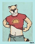 anthro belly clothed clothing exposed_belly fur humor looking_away male markings partially_clothed pun raised_clothing raised_shirt raised_topwear shirt simple_background solo standing t-shirt tail tail_markings text text_on_clothing text_on_shirt text_on_topwear topwear yellow_body yellow_fur bjakery super-nova nick_saunders_(templar) mammal procyonid raccoon 2022 colored digital_media_(artwork) hi_res