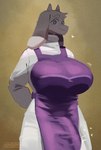 anthro apron biped breasts bulge closed_smile clothing detailed_bulge erection eyebrows floppy_ears fur genital_outline genitals gynomorph gynomorph_anthro heart_symbol horn intersex intersex_anthro mouth_closed penis penis_outline purple_eyes simple_background smile smiling_at_viewer solo white_body white_fur yellow_background sincastermon undertale_(series) toriel boss_monster_(undertale) bovid caprine goat mammal adversarial_noise hi_res