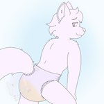 ambiguous_gender bodily_fluids cheeky clothed clothing diaper eyelashes flustered genital_fluids hair leaning leaning_forward looking_down presenting simple_background solo unclean_diaper urine used_diaper wearing_diaper wet_diaper fennecat canid canine mammal 1:1 absurd_res hi_res monochrome watermark