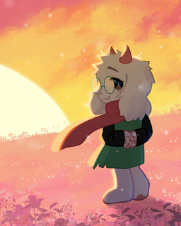 2_horns anthro barefoot black_sleeves blush clothed clothed_anthro clothed_male clothing eyewear feet floppy_ears flower fully_clothed fully_clothed_anthro fully_clothed_male fur glasses green_clothing green_eyewear green_glasses green_robe horn looking_back lop_ears male outside pawpads paws pink_horn pink_scarf plant rear_view robe scarf solo sun sunset white_body white_fur yukiyuno1760617 deltarune undertale_(series) ralsei bovid caprine goat mammal 4:5 absurd_res full-length_portrait hi_res portrait