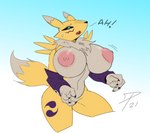 anthro areola big_breasts breast_expansion breasts dialogue erect_nipples expansion female huge_breasts hyper nipples nude solo text dpronin bandai_namco digimon canid digimon_(species) mammal renamon colored