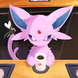 ambiguous_gender bar beverage big_ears blue_inner_ear blush cafe chibi coffee container cup feral forehead_gem forked_tail fur furniture gem heart_symbol holding_object hot_drink inside light_blush looking_at_viewer mug pink_body pink_fur quadruped red_forehead_gem sitting solo steam symmetrical_pose table tail tail_motion tailwag unusual_anatomy unusual_tail dappytime nintendo pokemon pokemon_cafe_remix eeveelution espeon generation_2_pokemon pokemon_(species) 1:1 2025 bust_portrait cel_shading colored digital_drawing_(artwork) digital_media_(artwork) hi_res pastel_theme portrait shaded