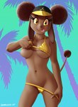 anthro areola areola_slip baseball_cap bikini blep breasts brown_body brown_fur brown_hair clothing eyelashes female floppy_ears front_view fur gold_bikini hair hat headgear headwear long_ears navel pose smile solo standing swimwear tail tail_tuft tongue tongue_out tuft two-piece_swimsuit yellow_eyes devo87 zoe_(devo87) canid canine canis domestic_dog mammal poodle hi_res pinup