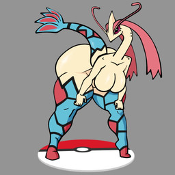anthro anthrofied bent_over big_breasts big_butt black_eyes blue_body breasts butt eyelashes featureless_breasts female front_view grey_background huge_breasts huge_butt long_neck looking_at_viewer markings nude pokemorph red_markings red_sclera simple_background solo tan_body thick_thighs wide_hips gallo_wazavi nintendo pokemon generation_3_pokemon milotic pokemon_(species) 1:1 hi_res