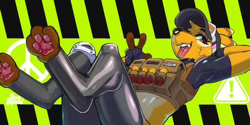 3_toes 5_fingers anthro bulletproof_vest caution_sign clothing digitigrade fangs feet female fingerless_gloves fingers fur gesture gloves green_background hand_behind_head hand_gesture handwear hat headgear headwear knee_pads latex latex_clothing latex_legwear latex_stockings legwear midriff open_mouth open_smile pawpads red_eyes simple_background smile solo stockings teeth toes tongue tongue_out v_sign visor visor_cap yellow_body yellow_fur bunnybaphomet paz_(yellowleggy) kangaroo macropod mammal marsupial 2025 hi_res signature