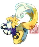 2024 3_fingers ambiguous_gender anthro armwear armwear_only artist_logo bandai_namco big_tail black_nose black_sclera blue_eyes bridal_gauntlets claws clothing digimon digimon_(species) fingers fur hi_res logo multicolored_body multicolored_ears multicolored_tail renamon simple_background solo tail tomoe_(symbol) tuft white_background white_body white_fur yellow_body yellow_fur youzaiyouzai112