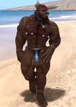 2_horns 5_toes abs anthro barbell_piercing barely_contained barely_contained_balls beach beard biceps black_clothing black_thong black_underwear brown_body brown_eyes brown_fur cheek_scar chest_tuft clothed clothing cowbell_collar deltoids facial_hair facial_piercing facial_scar feet fur hair horn leg_scar male mountain muscular muscular_anthro muscular_male muscular_thighs nipple_barbell nipple_piercing nipples nose_piercing nose_ring pecs piercing red_hair ring_piercing sand scar scars_all_over sea septum_piercing septum_ring shoulder_scar smile solo thigh_scar thong toes topless tuft underwear walking water wave barbas_thornhide barbas_thornhide_(character) bovid bovine cattle mammal 3d_(artwork) absurd_res digital_media_(artwork) hi_res