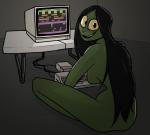 anthro biped black_hair breasts casual_nudity computer electronics female furniture gaming green_body green_skin hair inside keyboard long_hair looking_at_viewer looking_back nude open_mouth side_boob sitting smile solo table yellow_eyes keadanger scp_foundation scp-811 amphibian frog 2018 absurd_res digital_media_(artwork) hi_res