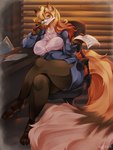 anthro big_breasts breasts chair clothing ear_piercing ear_ring eyewear female furniture glasses legwear office office_chair piercing ring_piercing solo suit thick_thighs tights bunnywhiskerz canid canine fox mammal 3:4 absurd_res hi_res