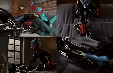 abs animal_genitalia animal_penis anthro armwear balls black_latex blue_body blue_eyes blue_fur blue_penis bodily_fluids brown_body brown_fur brown_sheath canine_genitalia canine_penis claws clothed clothing cum cum_on_feet duo erection feet foot_fetish foot_focus foot_play footjob forced fur genital_fluids genitals glistening glistening_body gloves hair handwear kneeling kneeling_on_ground latex latex_armwear latex_clothing latex_gloves latex_handwear latex_legwear latex_skinsuit legwear male male/male multicolored_body multicolored_fur multicolored_hair muscular muscular_male pawpads paws penile penis red_body red_fur reflection sex sheath skinsuit sleep_sex sleeping tail tight_clothing toe_claws toes vulpeware isaacjexo vulpeware_(character) jex rexouium 3d_(artwork) absurd_res comic digital_media_(artwork) hi_res