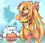 ambiguous_gender anthro bikini blonde_hair breasts clothing crossbar_emanata detailed_background duo emanata female green_eyes hair legs_in_water long_hair partially_submerged smile submerged_legs swimwear two-piece_swimsuit water wamudraws activision crash_bandicoot_(series) coco_bandicoot polar_(crash_bandicoot) bandicoot bear mammal marsupial polar_bear ursine 2020 digital_media_(artwork) shaded