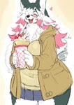 anthro big_breasts blush bottomwear breasts chest_tuft clothed clothing coat crepe eyes_closed female food fruit fur grey_body grey_fur hair heart_symbol kemono multicolored_hair plant school_uniform skirt slightly_chubby smile solo strawberry sweater tail tail_motion tailwag thick_thighs topwear tuft uniform white_body white_fur kishibe husky_(kishibe) canid canine canis domestic_dog husky mammal nordic_sled_dog spitz