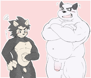 anthro balls belly biceps blush bodily_fluids chode claws comparing comparing_penis countershading duo envious envy flaccid foreskin fur genitals humanoid_genitalia humanoid_hands humanoid_penis humiliation jealous laugh male musclegut muscular muscular_male navel overweight overweight_male partially_retracted_foreskin pecs penis penis_humiliation penis_size_difference pink_background simple_background size_difference slightly_chubby small_penis small_penis_humiliation smile sweat teeth text thick_penis unretracted_foreskin white_body white_fur goujuyu vs_knight_ramune_and_40_fire kaku_renbo mito_natto_(knight_ramune) bear canid canine canis domestic_dog giant_panda mammal 2019 hi_res japanese_text translation_request