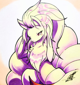 ambiguous_gender anthro blonde_hair blush blush_lines eyelashes fur hair looking_at_viewer multi_tail navel one_eye_closed open_mouth pink_eyes pupils semi-anthro simple_background sitting solo tail white_pupils yellow_body yellow_fur 025aki nintendo pokemon canid generation_1_pokemon mammal ninetales pokemon_(species) 2026 absurd_res dated hi_res signature