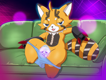 anthro clothed clothing female feral fur furniture iron looking_back neon object_in_pussy open_mouth overweight overweight_female panties panties_down partially_clothed paws short sitting sofa solo tail teeth underwear underwear_down wide_hips wool_(fur) stature vomonlove bandai_namco digimon digimon_beatbreak canid canine digimon_(species) mammal pristimon procyonid raccoon raccoon_dog tanuki absurd_res hi_res