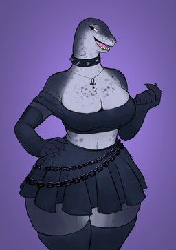 absolute_territory alternative_fashion ankh ankh_necklace anthro armwear big_breasts biped bottomwear breasts chain choker cleavage clothed clothing countershade_face countershade_neck countershade_torso countershading elbow_gloves facial_piercing female freckles gloves goth grey_body hand_on_hip handwear jewelry legwear markings midriff navel necklace nose_piercing nose_ring off_shoulder open_mouth open_smile piercing pleated_skirt purple_background ring_piercing sharp_teeth shoulderless_topwear simple_background skirt smile solo spiked_choker spikes spots spotted_body teeth thick_thighs thigh_highs wide_hips sanfingulipunrapin aquatic leopard_seal mammal pinniped seal 2025 hi_res
