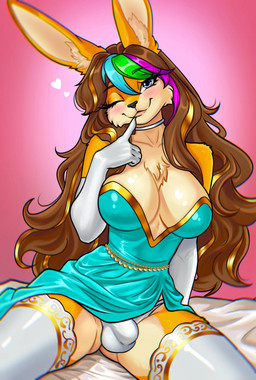 anthro bed bedding big_breasts blonde_highlights blue_clothing blue_dress blue_eyes blue_highlights breasts brown_hair bulge chest_tuft cleavage clothed clothing detailed_bulge dress eyelashes finger_to_mouth fur furniture genital_outline gloves green_highlights gynomorph hair handwear heart_symbol highlights_(coloring) inner_ear_fluff intersex legwear long_eyelashes long_hair looking_at_viewer one_eye_closed panties penis_outline purple_highlights solo stockings tuft underwear white_clothing white_gloves white_handwear white_panties white_underwear yellow_body yellow_fur darennsy erin_(averonn) lagomorph leporid mammal rabbit chromatic_aberration hi_res
