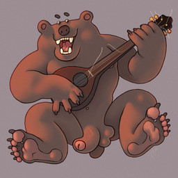 anthro bear_claws black_nose caricature claws eyebrows fangs feet floating_eyebrows foreskin genitals glans half-erect holding_musical_instrument holding_object jumping lute male mandolin musical_instrument musician pawpads penis pink_glans pink_pawpads pink_tongue playing_music plucked_string_instrument raised_eyebrows silly_pose simple_background singing small_eyes smile solo string_instrument teeth thick_penis tongue ravuer bear brown_bear mammal ursine 1:1 hi_res