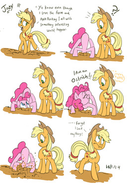 blonde_hair blue_eyes clothing cowboy_hat cutie_mark dialogue dirt duo exclamation_point female freckles green_eyes hair hat headgear headwear hiding interrobang ponytail question_mark standing text jowybean friendship_is_magic hasbro my_little_pony applejack_(mlp) pinkie_pie_(mlp) earth_pony equid equine horse mammal pony 2014 absurd_res english_text hi_res