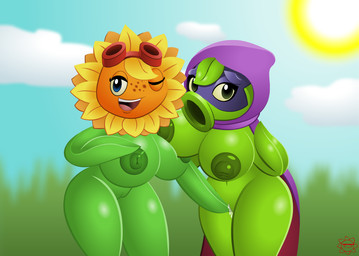 big_breasts bodily_fluids breasts duo eyewear female female/female fingering flower freckles genital_fluids genitals glistening goggles hood huge_breasts mask nipples not_furry one_eye_closed open_mouth plant siphon_(anatomy) smile sun sunflower vaginal_fluids vulva wink screwroot electronic_arts plants_vs._zombies plants_vs._zombies_heroes popcap_games green_shadow solar_flare_(pvz) elemental_creature flora_fauna flower_creature humanoid peashooter_(pvz) sunflower_(pvz) sunflower_creature digital_media_(artwork) unavailable_at_source