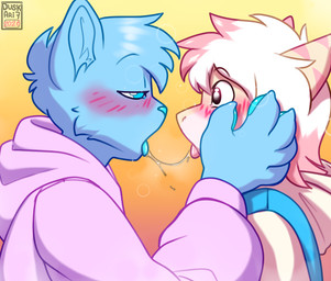 ambiguous_gender anthro blush blush_lines bodily_fluids clothing dripping duo grabbing_face hoodie kiss_on_lips kissing looking_at_another lustful_gaze saliva saliva_drip saliva_on_tongue saliva_string shocked surprised topwear duskari7 ych_(character) absurd_res hi_res