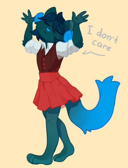 anthro blue_body blue_fur blue_hair blue_horn bottomwear brown_clothing brown_topwear clothed clothing dark_body dark_fur dark_hair eyes_closed female fur hair horn mouth_closed red_bottomwear red_clothing red_skirt simple_background skirt solo standing text topwear unsigned white_clothing white_topwear yellow_background corzh77 felid mammal absurd_res english_text full-length_portrait hi_res portrait