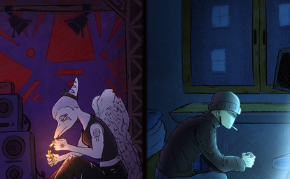 5_fingers amber_eyes anthro arm_tattoo beanie biped black_clothing bone_frill bottomwear breasts cigarette cigarette_in_mouth clothed clothing controller crop_top denim denim_bottomwear denim_clothing detailed_background duo electronics faceless_character faceless_male feathered_wings feathers female fingers fire frill_(anatomy) game_controller grey_hair hair half-closed_eyes hand_tattoo hat headgear headwear holding_cigarette holding_lighter holding_object jeans juxtaposition lighter looking_at_viewer makeup male narrowed_eyes object_in_mouth pants shirt short_hair sleeveless_shirt small_breasts snout solo_focus solo_in_panel speaker split_screen stage stage_lights tattoo topwear torn_bottomwear torn_clothing torn_pants wings fil_likes_drawing cavemanon_studios goodbye_volcano_high ko_op_(game_developer) snoot_game anon_(snoot_game) fang_(gvh) human mammal prehistoric_species pterosaur reptile scalie colored digital_media_(artwork) hi_res