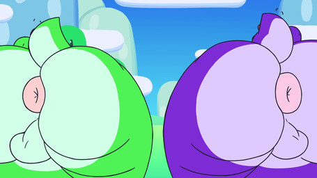 anus backsack balls big_butt butt countershading duo emanata genitals green_body huge_butt male male/male non-mammal_balls presenting presenting_hindquarters puffy_anus purple_body shaking_butt sky tail white_body white_countershading kyububba mario_bros nintendo dinosaur green_yoshi prehistoric_species purple_yoshi reptile scalie yoshi animated hi_res loop short_playtime
