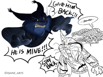 anthro claws clothing damaged_clothing defending dialogue doppleganger feral group hjane_arts male protection protective shadow_face sweater talking_to_self text topwear trio disney zootopia gary_de'snake pawbert_lynxley canada_lynx felid feline lynx mammal pit_viper reptile scalie snake viper 4:3 english_text hi_res